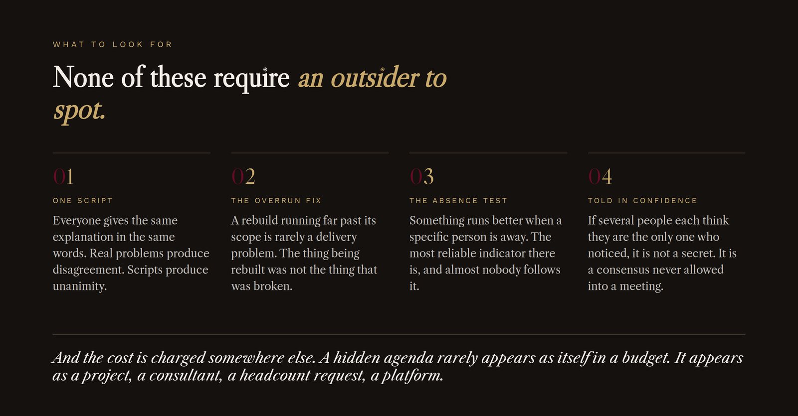 Four signs: one script, the overrun fix, the absence test, told in confidence